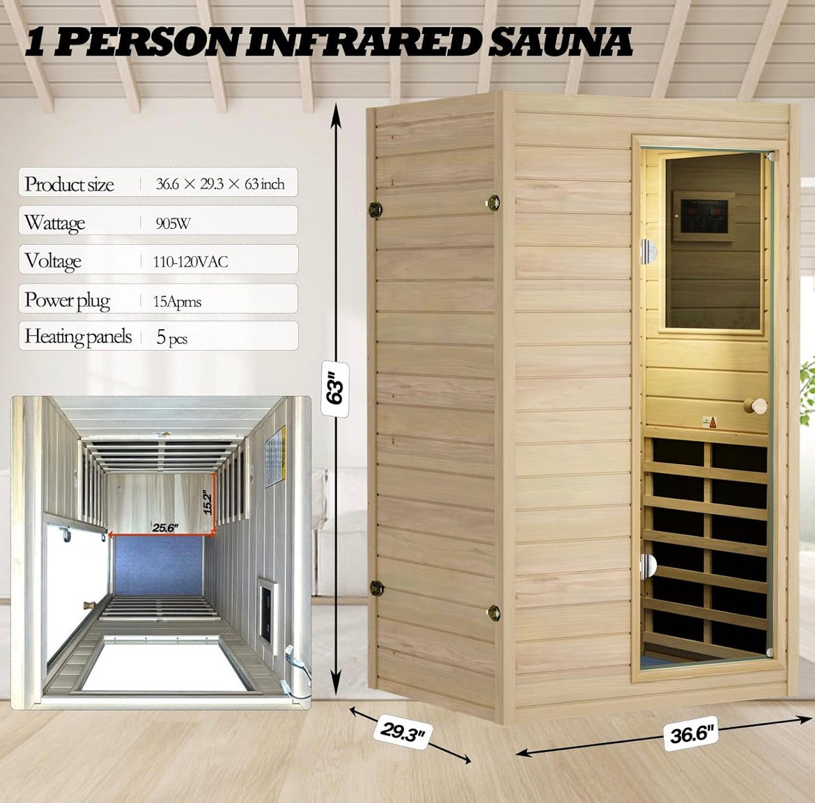 1 Person Sauna, Low EMF Far Infrared Indoor Dry Sauna Room, 905WEuropean Aspen Wood, Bluetooth Speakers, Reading lamp, Left Door
