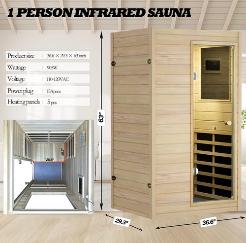 1 Person Sauna, Low EMF Far Infrared Indoor Dry Sauna Room, 905WEuropean Aspen Wood, Bluetooth Speakers, Reading lamp, Left Door