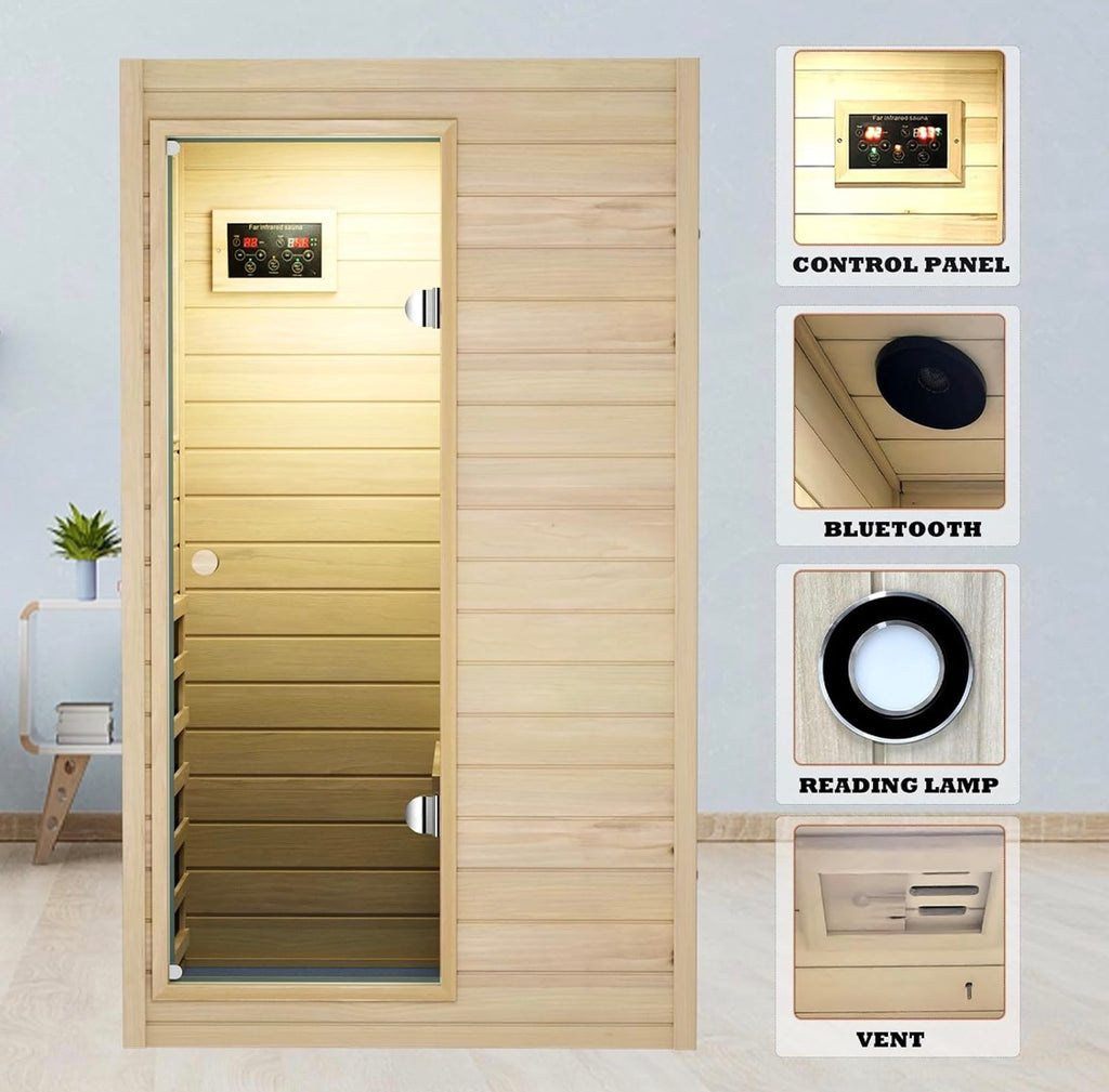1 Person Sauna, Low EMF Far Infrared Indoor Dry Sauna Room, 905WEuropean Aspen Wood, Bluetooth Speakers, Reading lamp, Left Door
