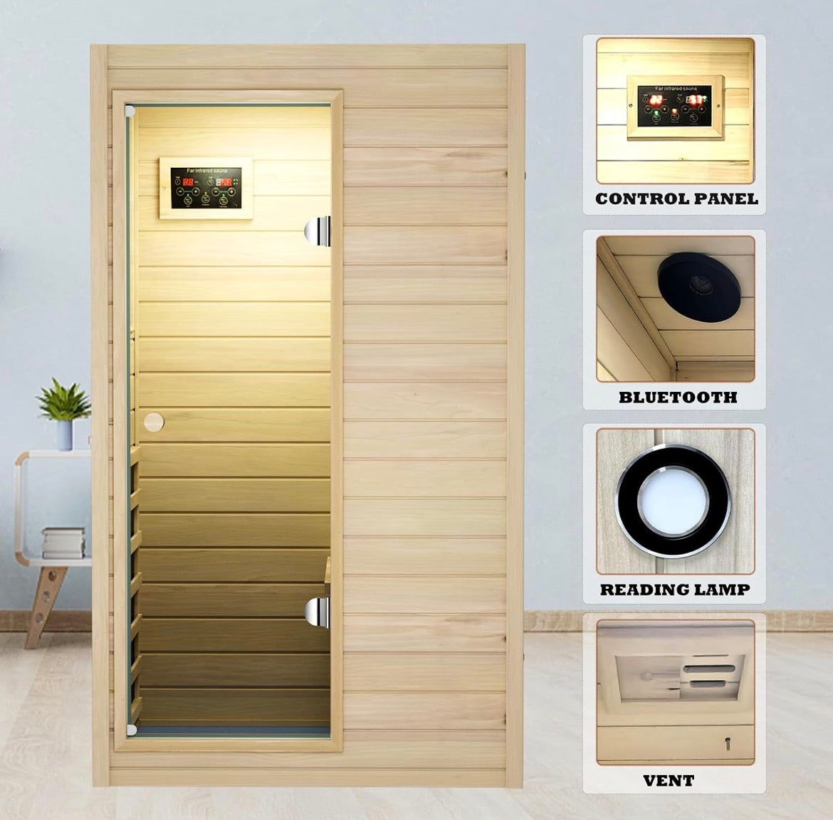 1 Person Sauna, Low EMF Far Infrared Indoor Dry Sauna Room, 905WEuropean Aspen Wood, Bluetooth Speakers, Reading lamp, Left Door