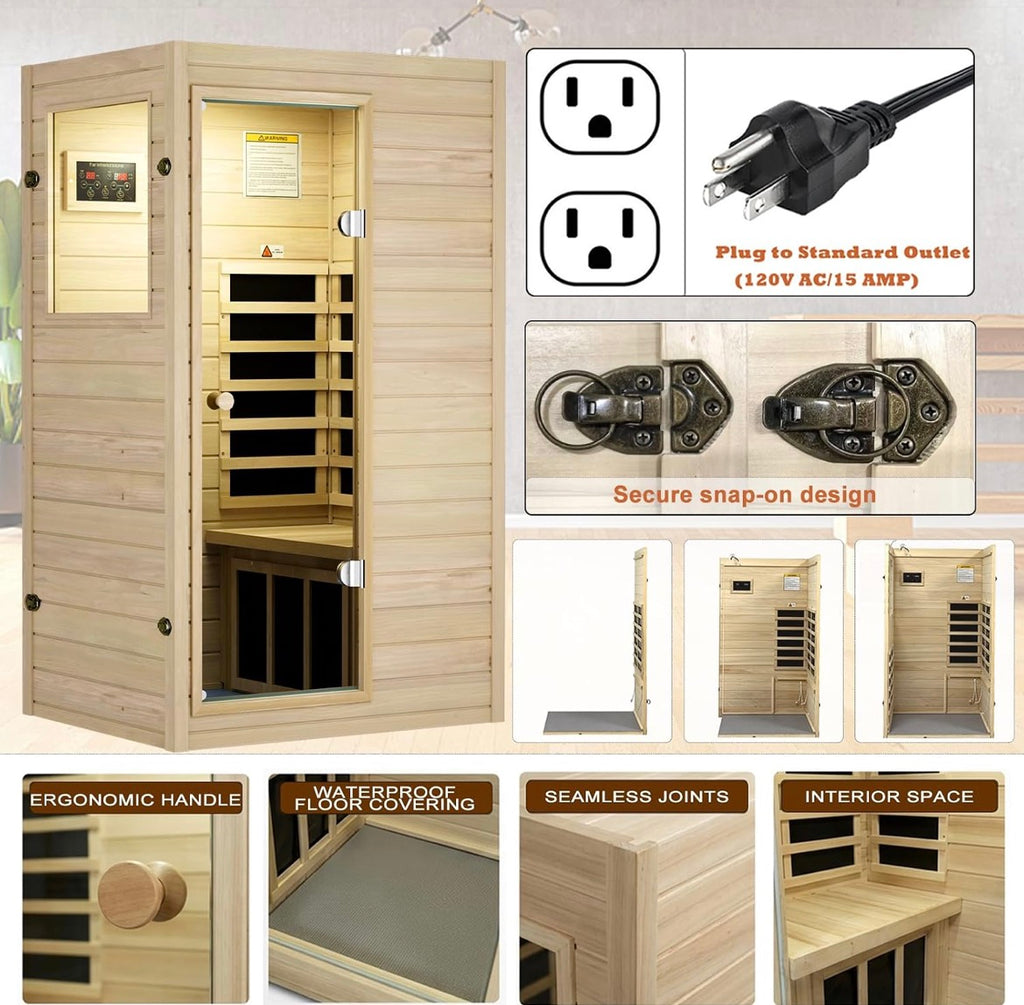 1 Person Sauna, Low EMF Far Infrared Indoor Dry Sauna Room, 905WEuropean Aspen Wood, Bluetooth Speakers, Reading lamp, Left Door