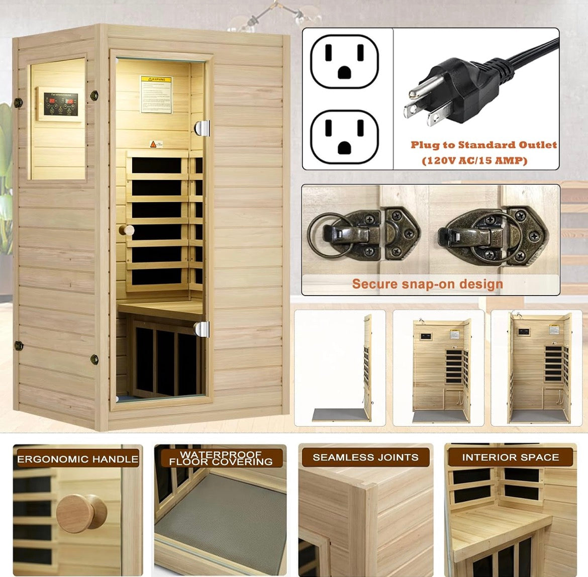 1 Person Sauna, Low EMF Far Infrared Indoor Dry Sauna Room, 905WEuropean Aspen Wood, Bluetooth Speakers, Reading lamp, Left Door