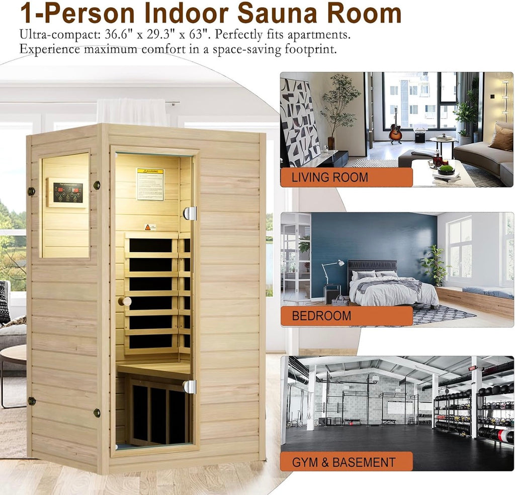 1 Person Sauna, Low EMF Far Infrared Indoor Dry Sauna Room, 905WEuropean Aspen Wood, Bluetooth Speakers, Reading lamp, Left Door
