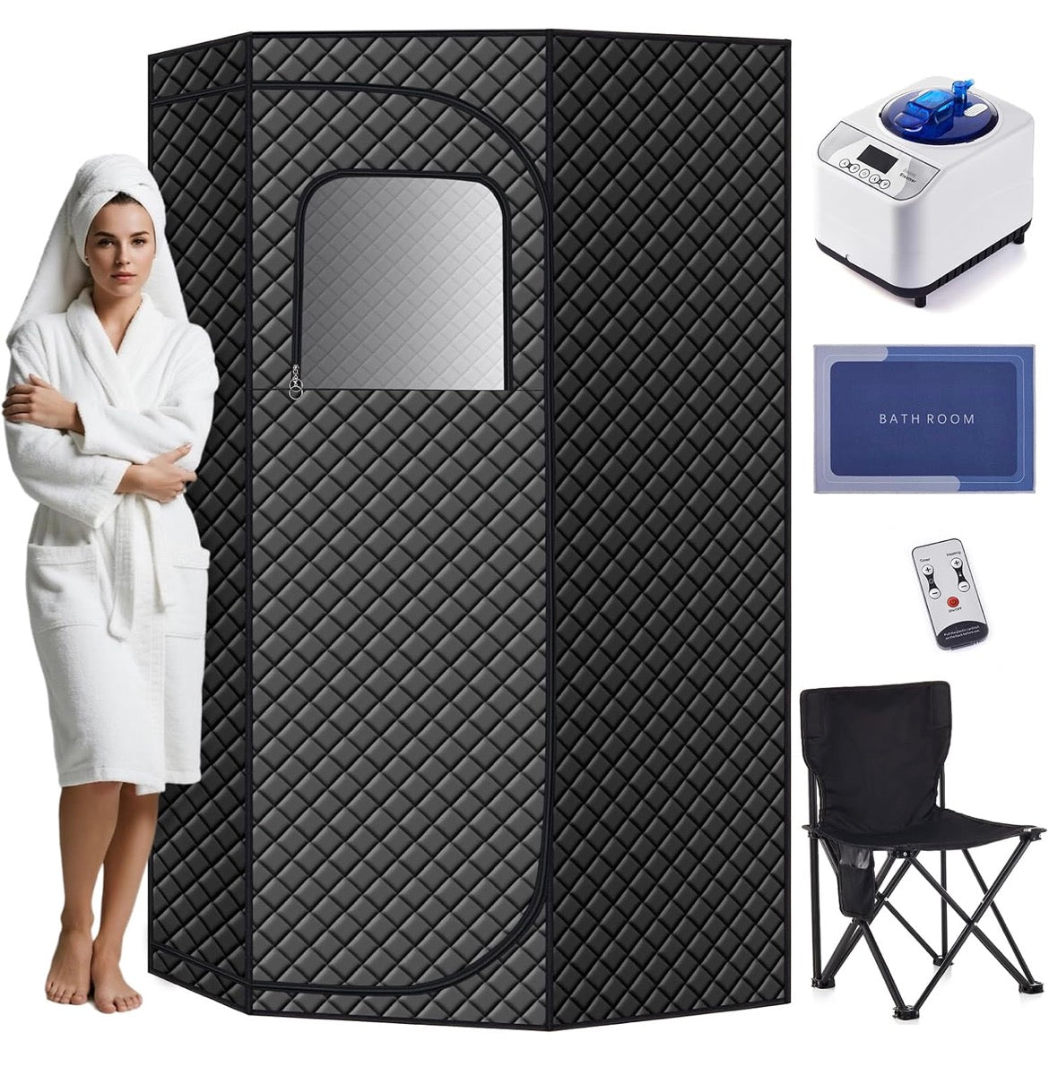 Durable and Portable pentagonal (46 x46 x67) Home Sauna Tent, Equipped with a Quick Heating steam Room, Remote Control, Folding Chairs, and Floor mats, Suitable for Indoor and Outdoor Relaxation
